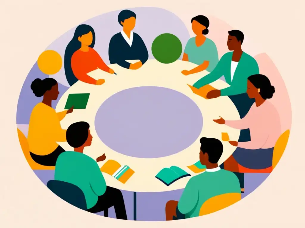 Ilustración serena de docentes variados debatiendo sobre evaluaciones estándar