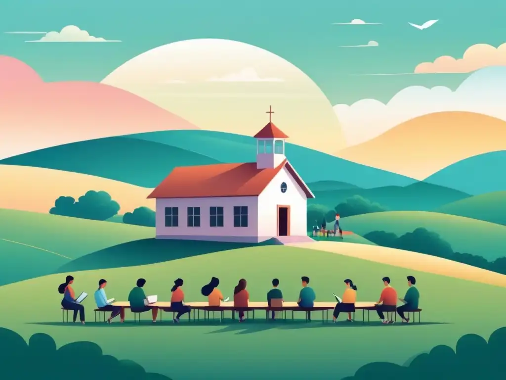 Escuela rural: educación al aire libre en Uruguay Ilustración serena de escuela rural en colinas, estudiantes diversos aprendiendo al aire libre