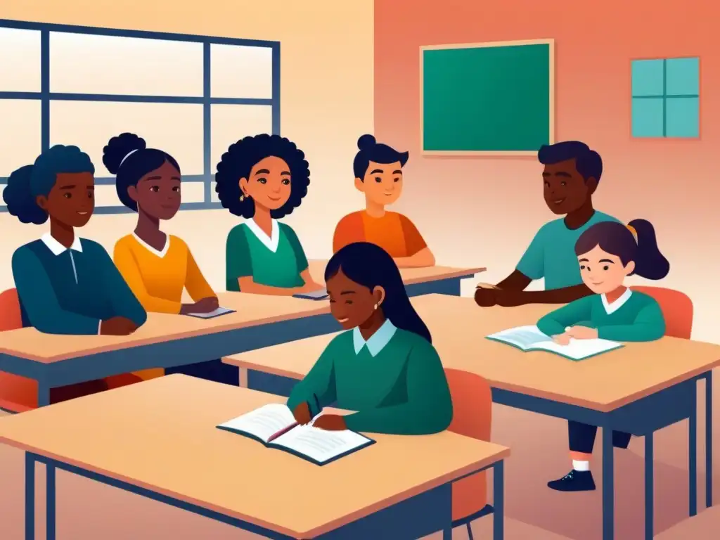 Ilustración serena de estudiantes diversos en aula, promoviendo la inclusión y la unidad