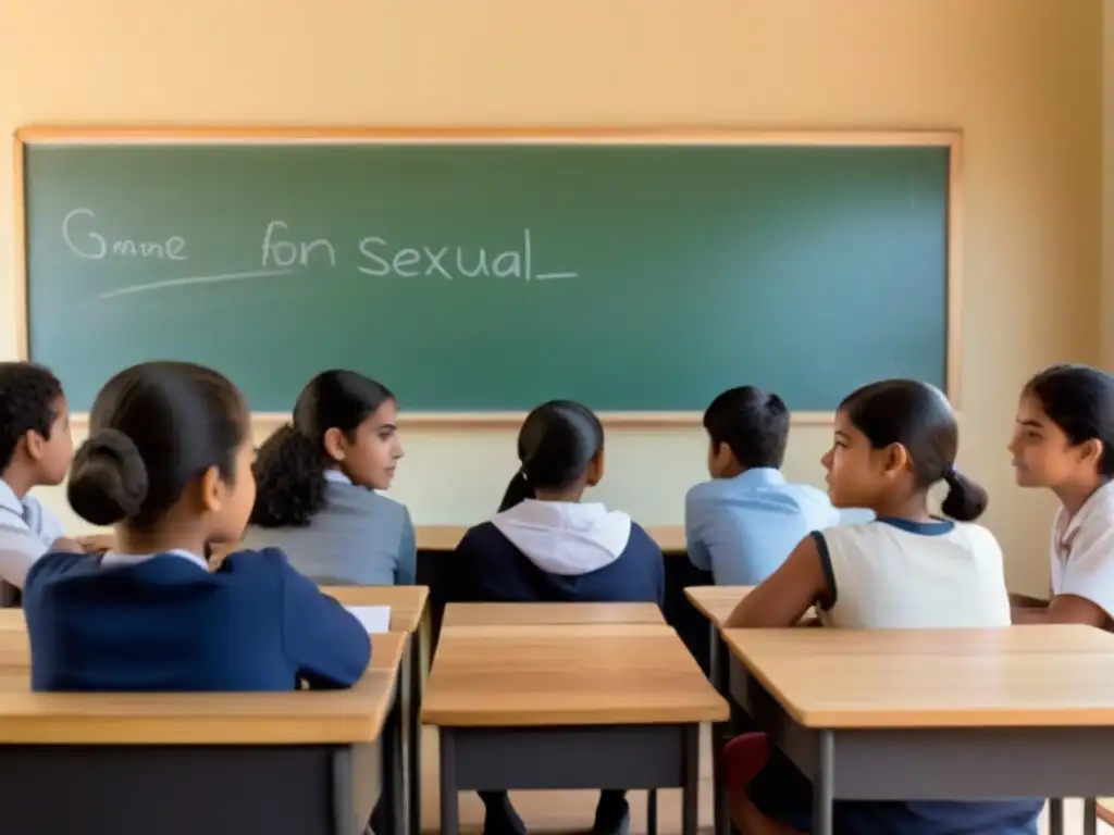 Ilustración serena de estudiantes en escuelas rurales de Uruguay debatiendo sobre educación sexual en armonía y diversidad