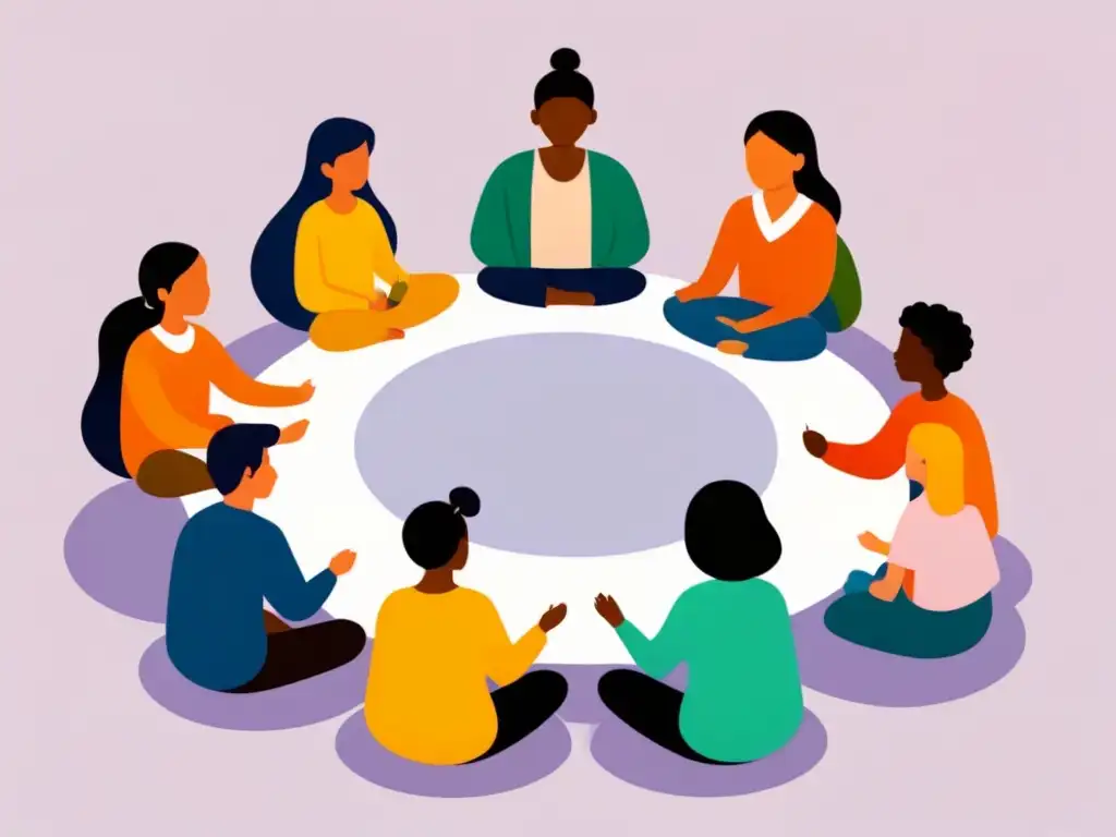 Círculo de estudiantes: diversidad e inclusión Ilustración serena y minimalista de estudiantes diversos en círculo, dialogando con respeto y colaboración