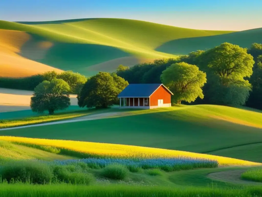 Amanecer sereno en el campo uruguayo, escuela rodeada de naturaleza, potenciando el elearning en áreas rurales Uruguay