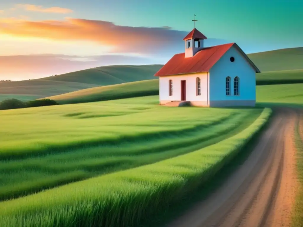 Amanecer sereno en el campo uruguayo, escuela rural solitaria rodeada de colinas verdes