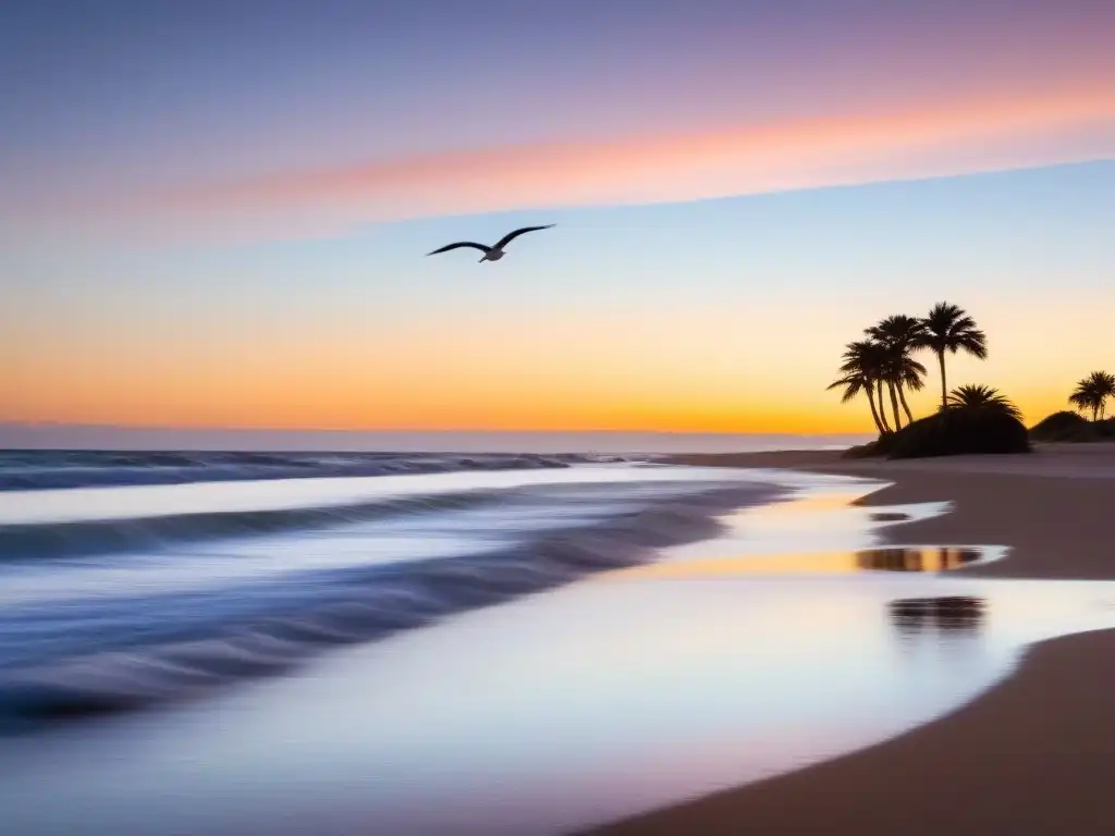 Amanecer sereno en la costa uruguaya con playa, palmera y gaviotas