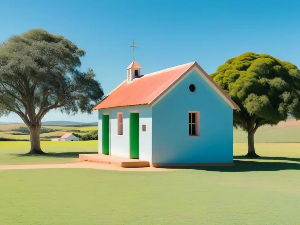 Un sereno y minimalista paisaje de una escuela rural en Uruguay, rodeada de campos verdes bajo un cielo azul