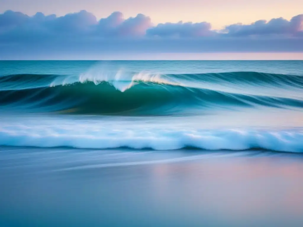 Amanecer sereno en el océano, con tonos pastel, olas suaves y cielo despejado