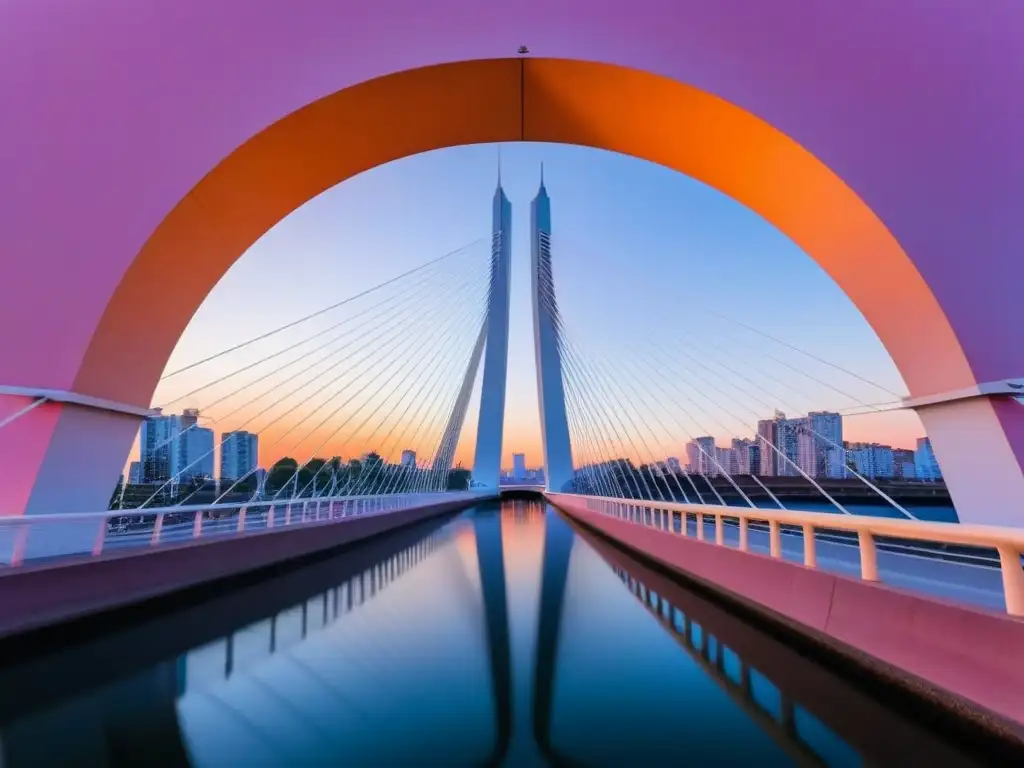 Amanecer sereno en el Puente de la Mujer en Buenos Aires, reflejando la equidad educativa con programas de intercambio