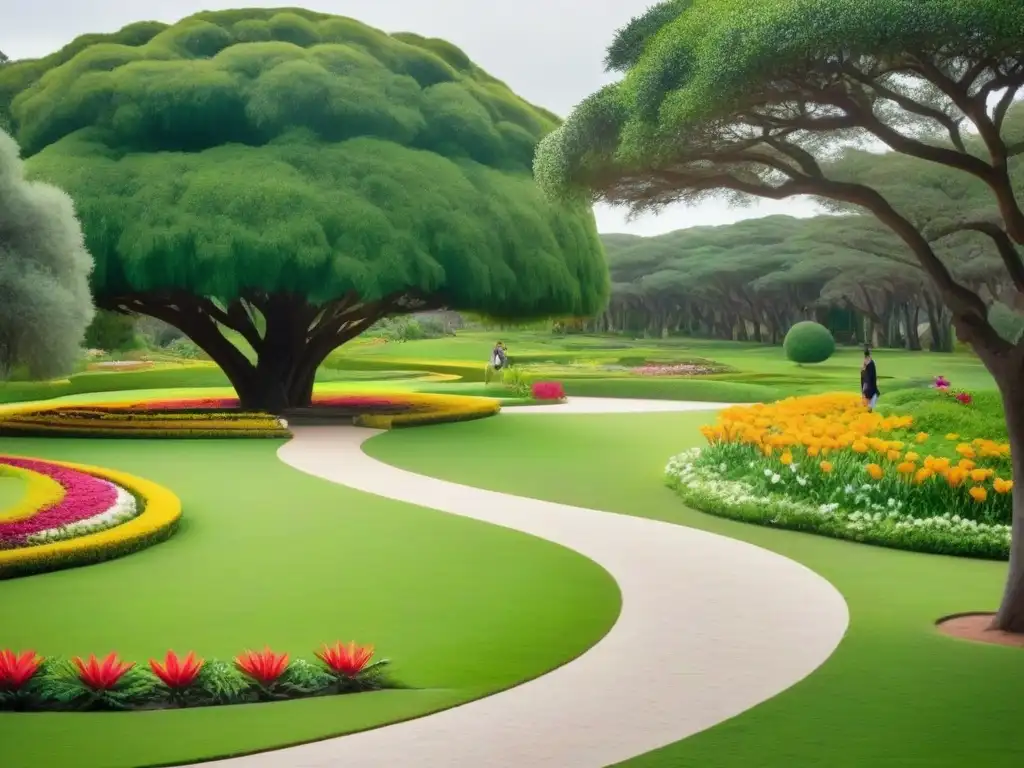 Un jardín botánico sereno en Uruguay: flores vibrantes, senderos sinuosos y estudiantes estudiando bajo un árbol