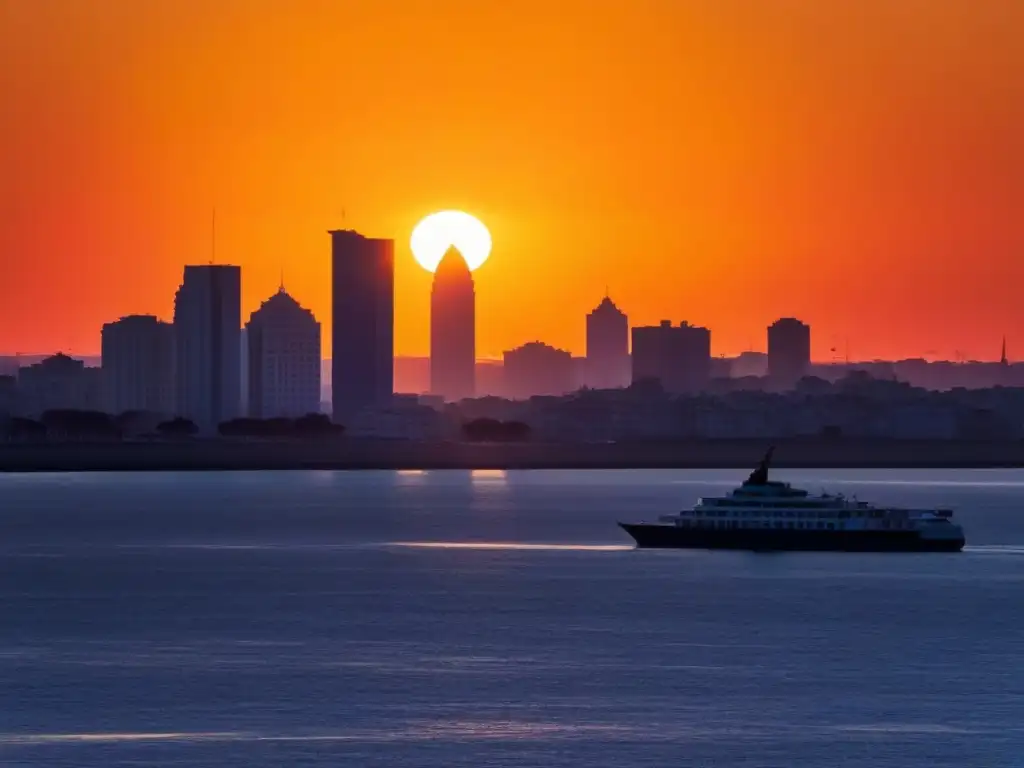 Silueta de Montevideo al amanecer, destacando su arquitectura moderna ante un cielo vibrante