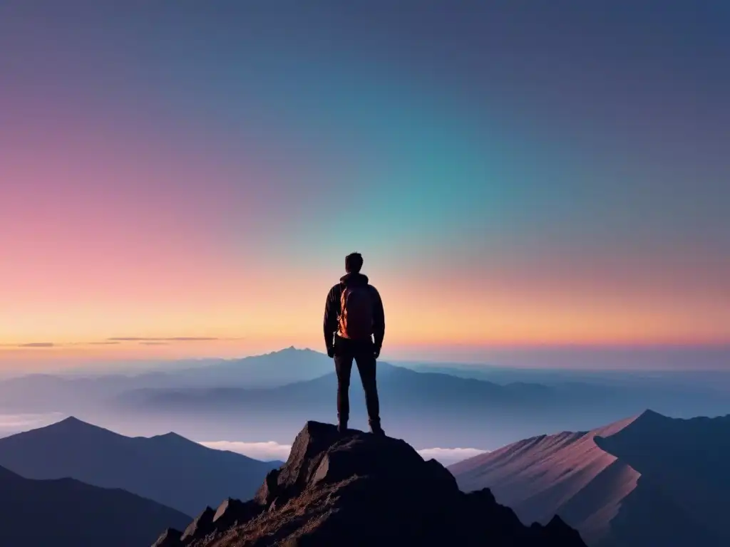 Silueta en la cima de una montaña, mirando al horizonte con determinación