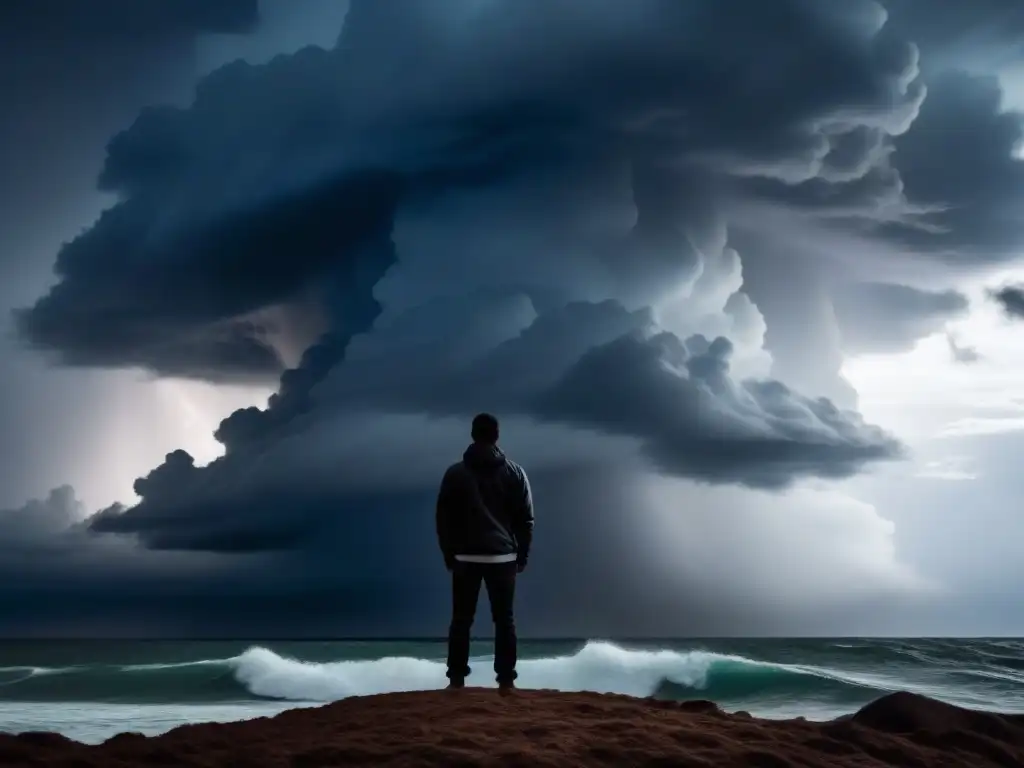 Silueta de persona fuerte en tormenta, fusionando nubes oscuras con cielos serenos