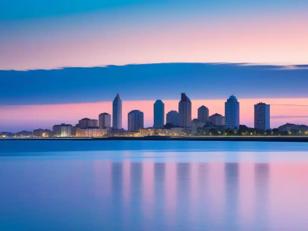 Silueta serena del skyline de Montevideo al atardecer, reflejando en el Río de la Plata, evocando tranquilidad y reflexión