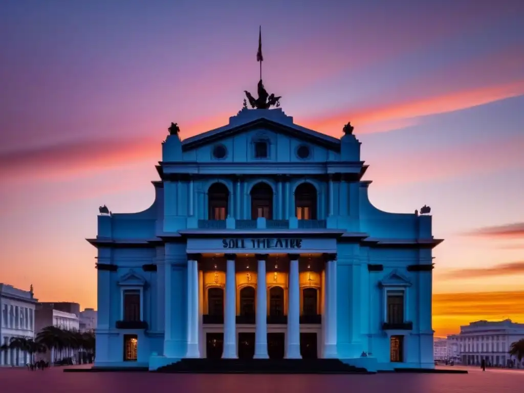Silueta Teatro Solís al atardecer en Montevideo Silueta del Teatro Solís en Montevideo, Uruguay, en un atardecer vibrante