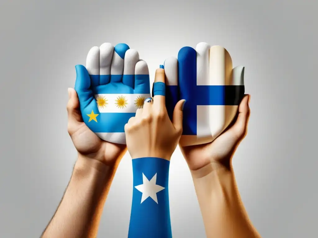 Simbolismo de cooperación educativa entre Uruguay y Finlandia por la excelencia, representado en manos unidas rodeadas de elementos educativos