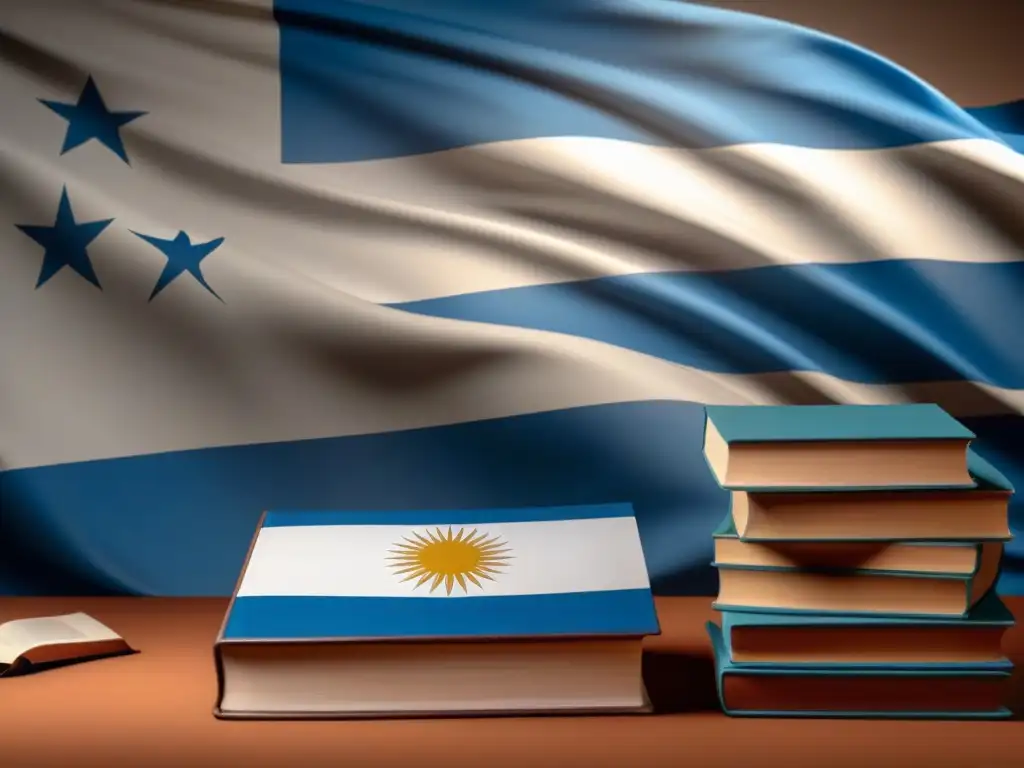 Un símbolo de colaboración internacional en educación Uruguay: bandera uruguaya ondeando con libros educativos diversos