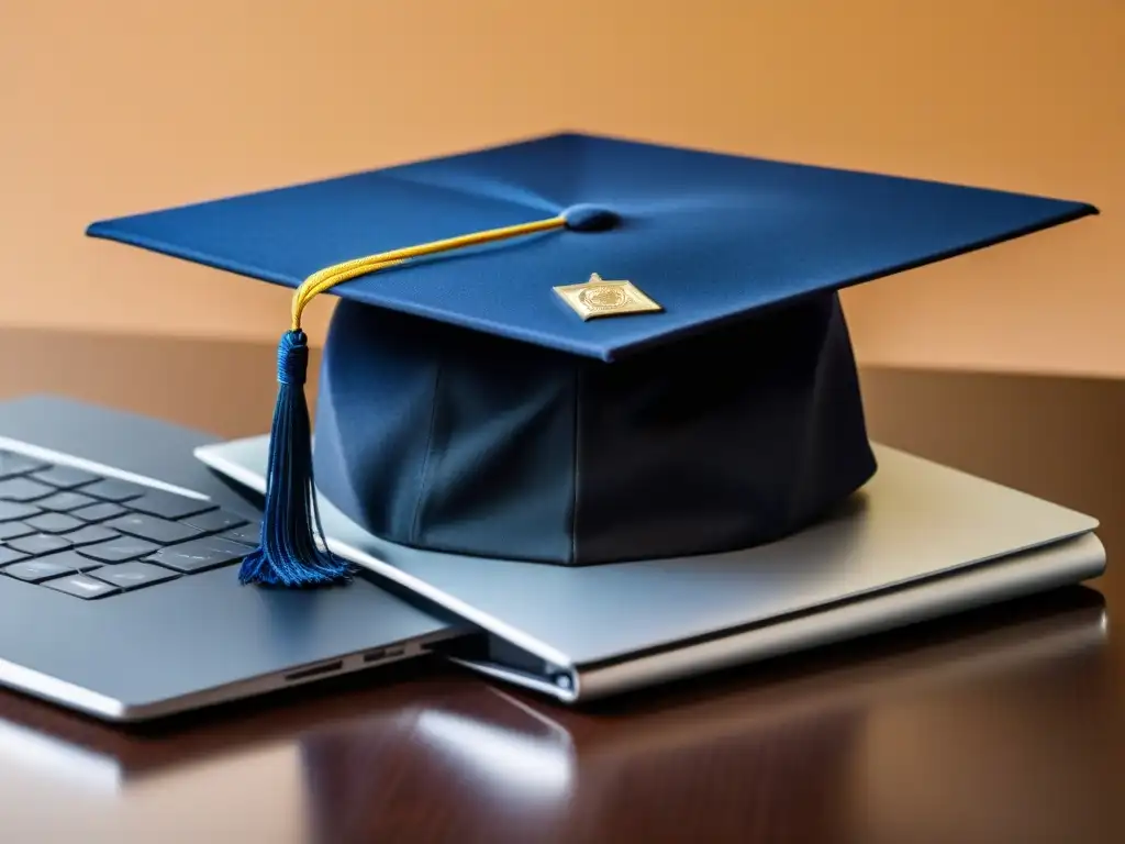 Símbolo de logro académico y decisiones profesionales en Uruguay con una gorra de graduación sobre un laptop elegante, reflejando un futuro brillante