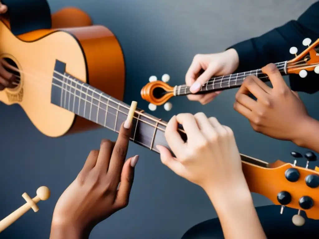 Una sinfonía de manos diversas tocando instrumentos musicales, resaltando la inclusión educativa a través de la música