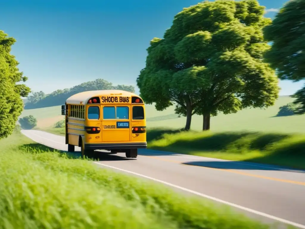 Un solitario bus amarillo recorre un paisaje rural verde bajo un cielo azul claro