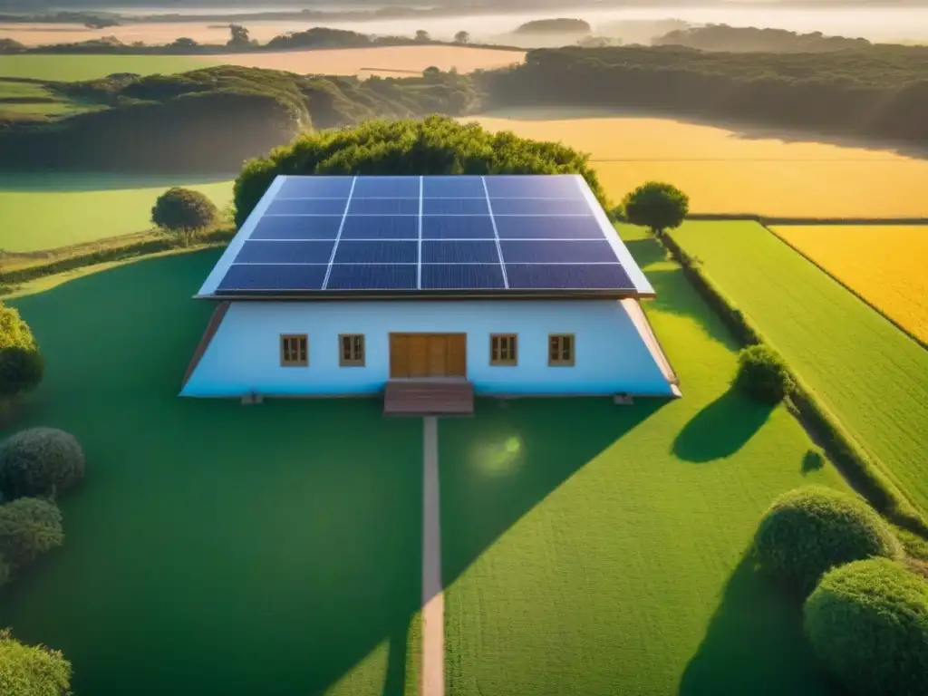 Educación sostenible en Uruguay con energía solar: escuela rural rodeada de campos verdes, paneles solares brillando bajo el sol dorado