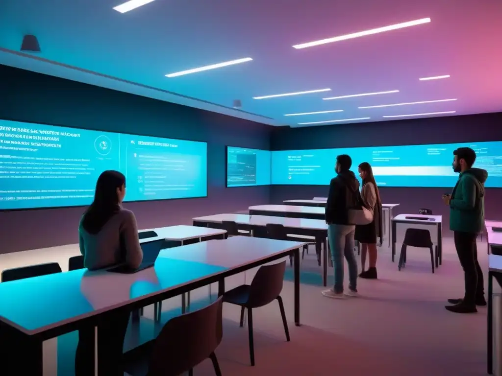 Startups educativas en Uruguay: Aula futurista con displays holográficos y alumnos colaborando en actividades digitales