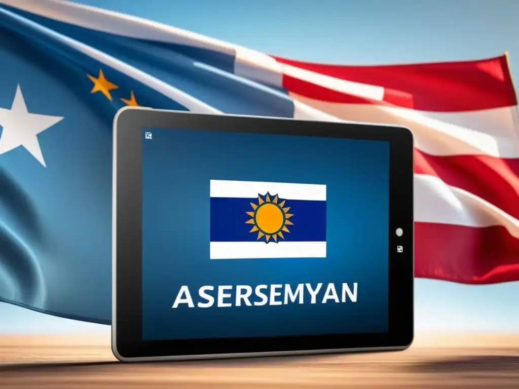 Tablet con plataforma elearning interactiva y bandera de Uruguay, datos de progreso estudiantil