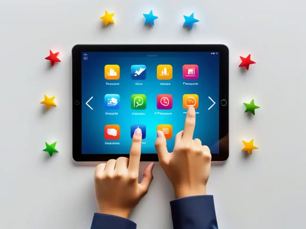 Una tableta digital muestra iconos de retroalimentación efectiva frente a un fondo blanco limpio