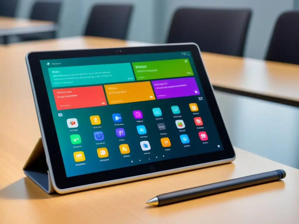 Una tableta digital moderna muestra apps educativas coloridas y herramientas para retroalimentación efectiva