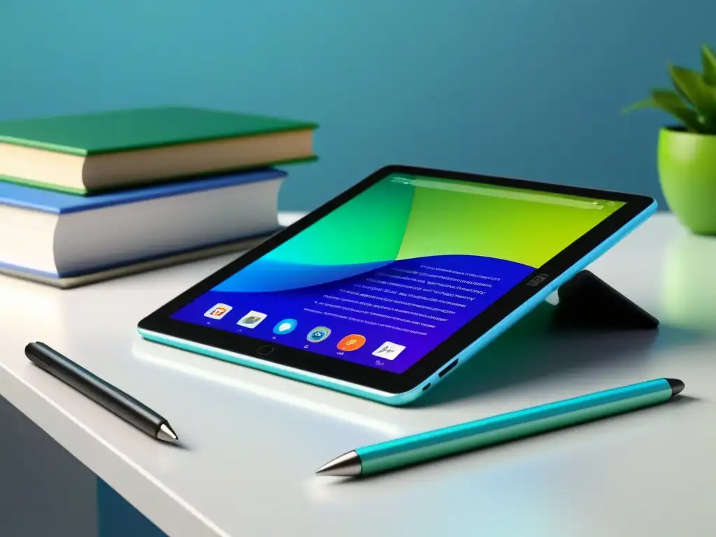 Tablet educativo interactivo: modernidad y color Tableta moderna con app educativa, libros digitales y Recursos educativos abiertos Uruguay en escritorio blanco