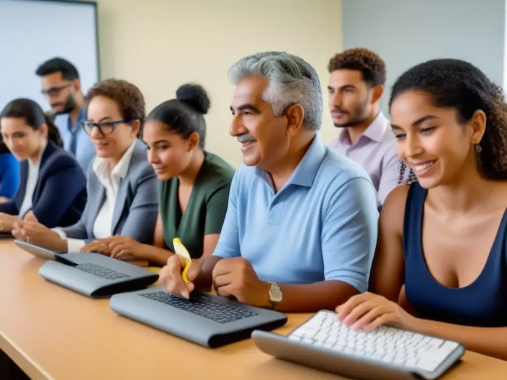 Taller de alfabetización digital en Uruguay: personas diversas concentradas en clase con tecnología moderna