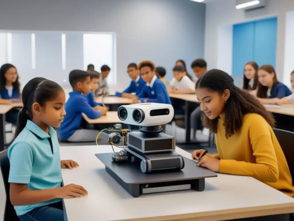 Una revolución STEM en Uruguay: estudiantes colaborando con tecnología en un aula futurista