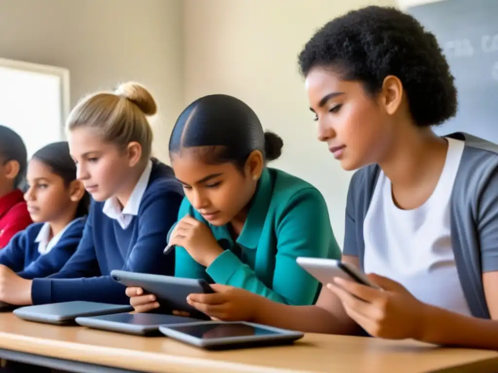 Implementando tecnología en el aula de Uruguay: estudiantes diversos usando tablets y laptops, guiados por un profesor