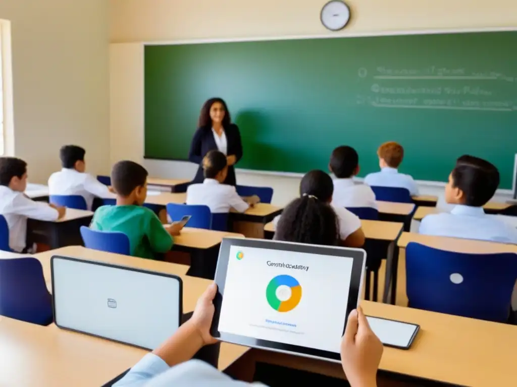 Implementando tecnología IoT educativa en Uruguay: Aula moderna con estudiantes usando tablets y pizarras inteligentes, guiados por maestro con tablet