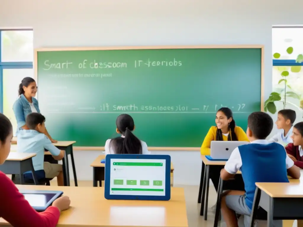 Implementando tecnología IoT educativa en Uruguay: Aula moderna con estudiantes de diversas culturas usando dispositivos tecnológicos y colaborando