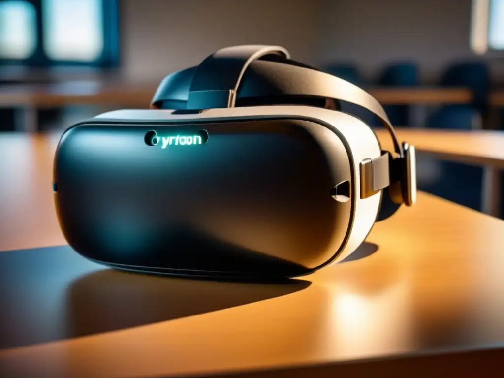 Inmersión tecnológica en educación uruguaya: un visor de realidad virtual sobre un escritorio moderno iluminado suavemente