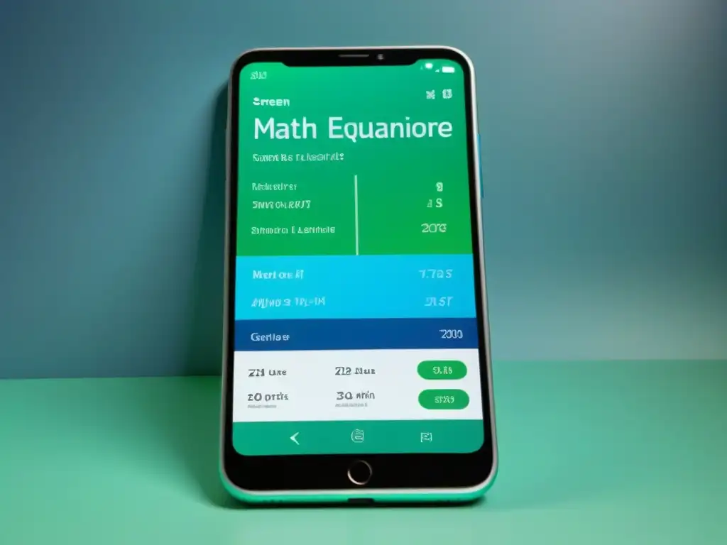 Un teléfono muestra una app de matemáticas innovadora en Uruguay con gráficos y ecuaciones en azules y verdes