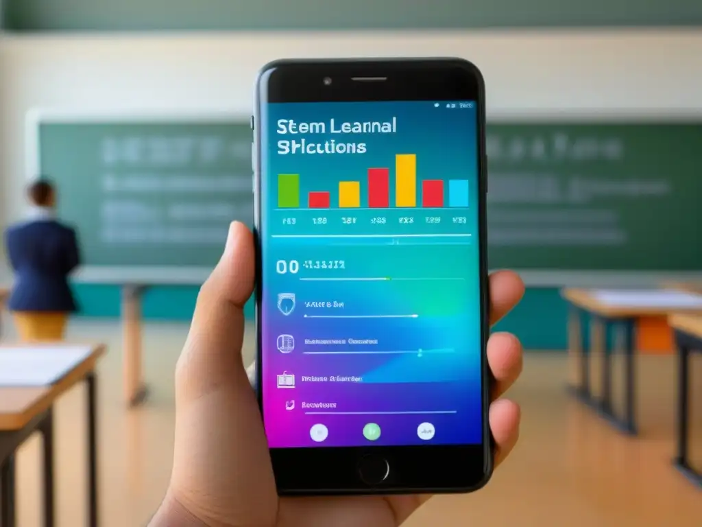 Un teléfono inteligente moderno muestra una app educativa STEM vibrante en un aula borrosa