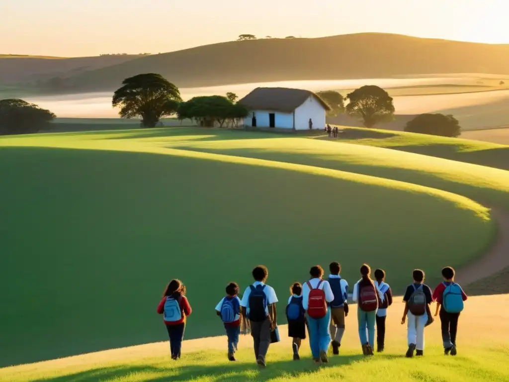 Transformación metodológica educación rural Uruguay: Escuela tradicional y estudiantes diversos en un paisaje rural al amanecer