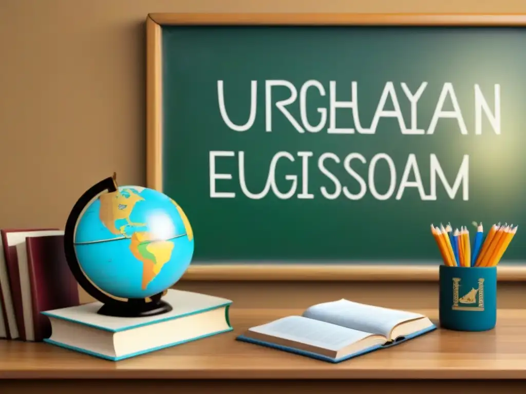 Aula uruguaya tradicional con influencia europea: pizarrón con ecuaciones, globos y pupitres de madera con libros abiertos