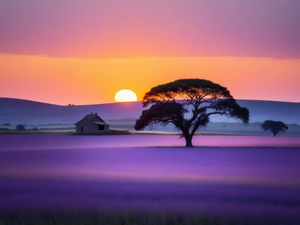 Tranquilo atardecer en áreas rurales de Uruguay con granja y árbol solitario