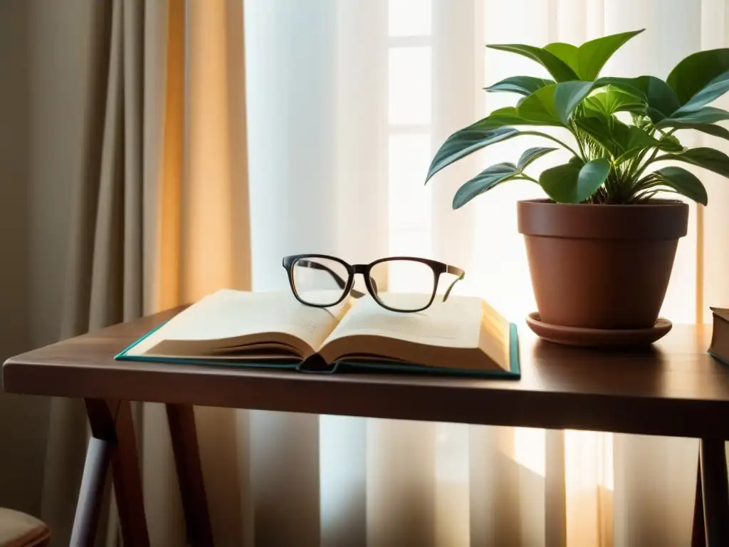 Un rincón tranquilo para la lectura en educación en Uruguay: un escritorio vintage con un libro abierto, lentes y una planta en flor