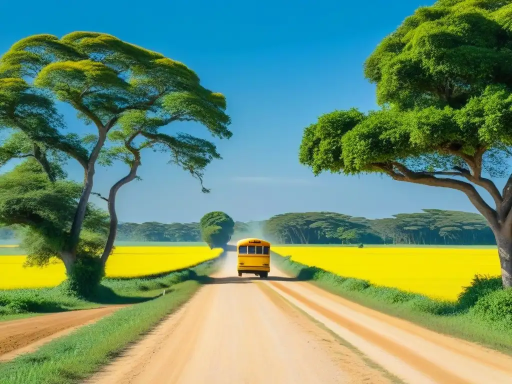 Un tranquilo paisaje rural en Uruguay con un camino de tierra serpentino, un bus escolar amarillo y árboles altos