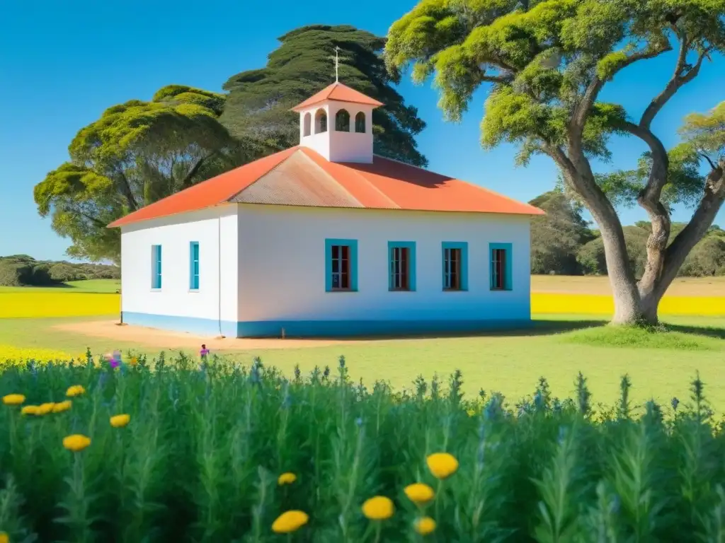 Un tranquilo paisaje rural en Uruguay con una escuela rodeada de campos verdes y estudiantes aprendiendo en armonía con la naturaleza