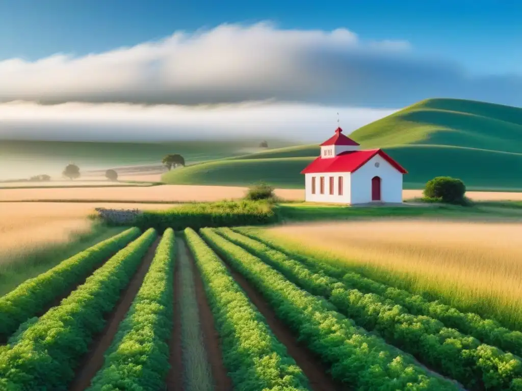 Un tranquilo paisaje rural de Uruguay con una escuela entre colinas verdes