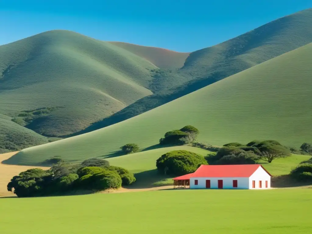 Un tranquilo paisaje rural en Uruguay con una pequeña escuela rural aislada entre colinas verdes, bajo cielo azul