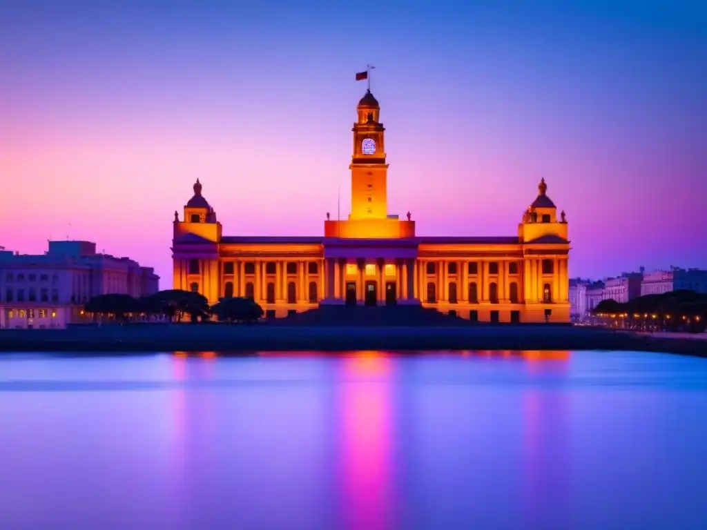 Amanecer tranquilo sobre el Palacio Legislativo en Montevideo, Uruguay