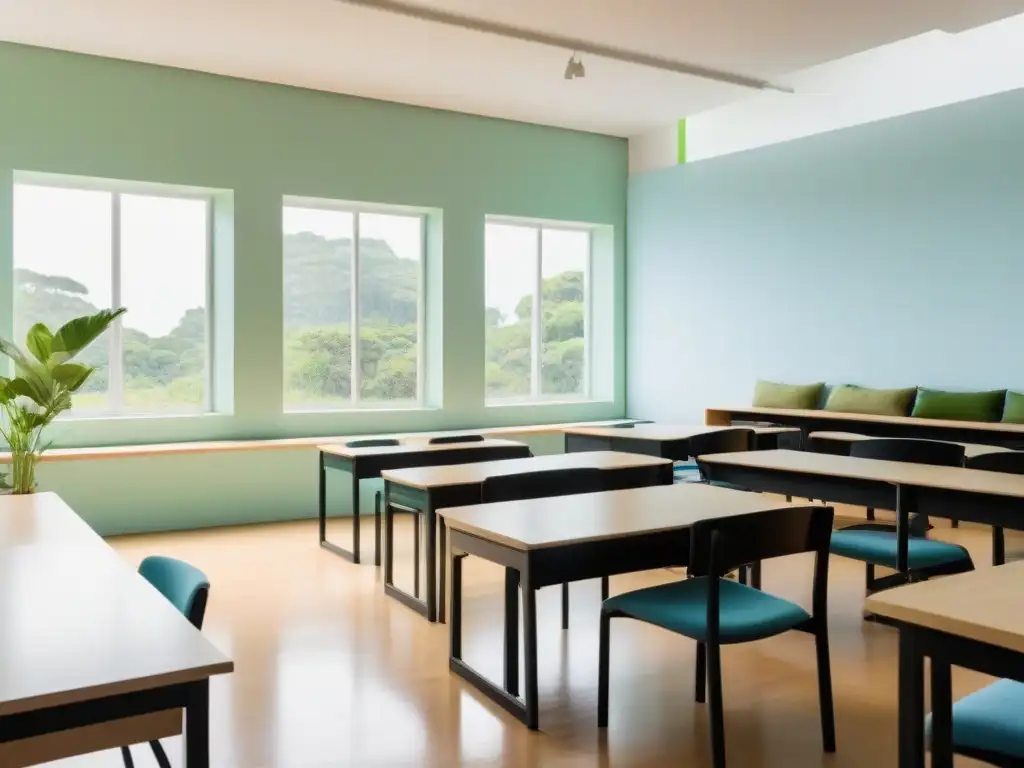 Tranquilo salón de clases en Uruguay con vista verde, organizado y minimalista