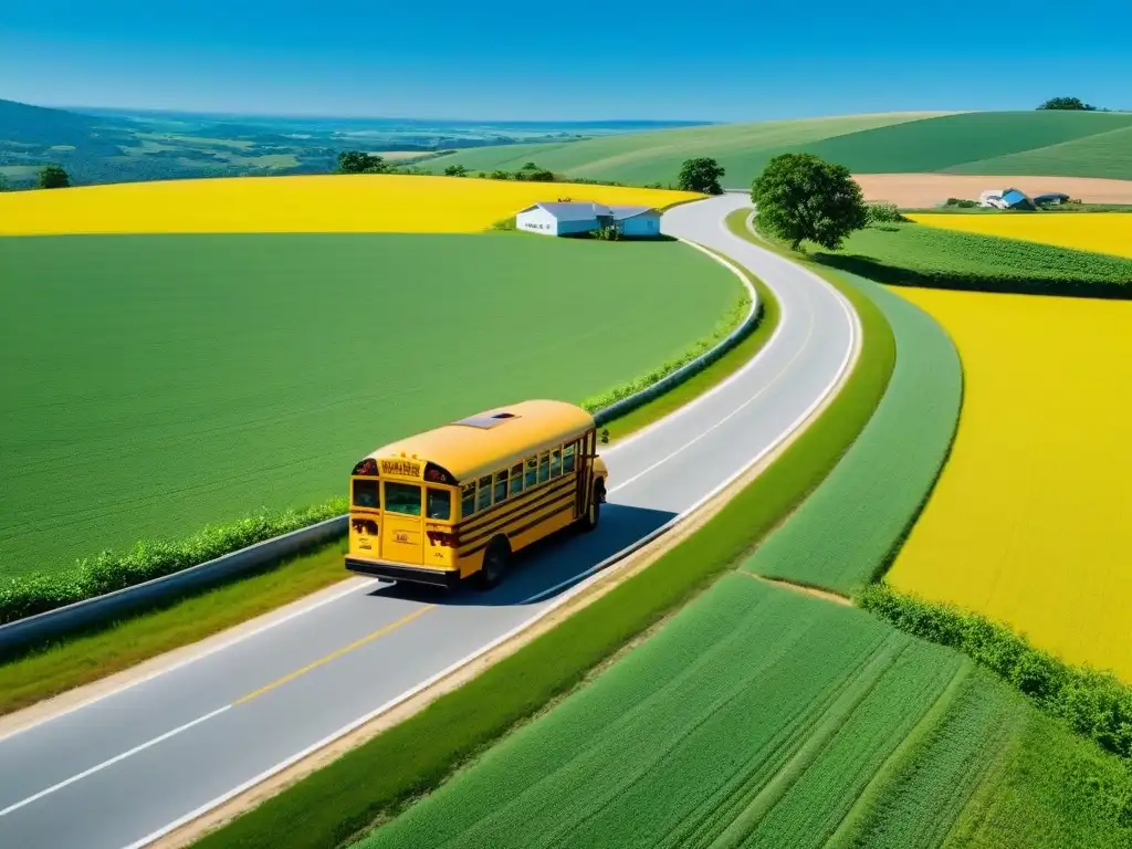 Un transporte escolar amarillo recorre serenos campos verdes en Uruguay