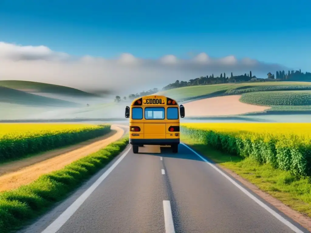 Transporte escolar en áreas rurales de Uruguay: un autobús amarillo recorre un camino rodeado de campos verdes y cielo azul