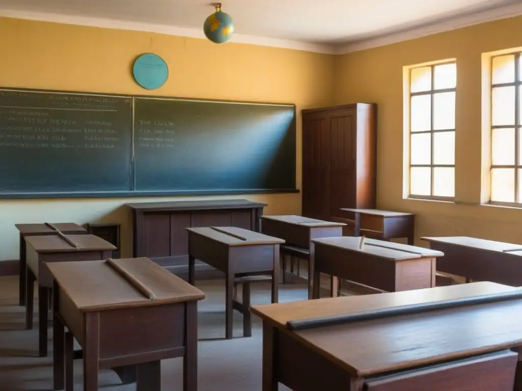 Evocando la historia: aulas antiguas en Uruguay La evolución de la educación en Uruguay a través de una imagen detallada de un aula histórica, resaltando la calidad educativa a lo largo del tiempo