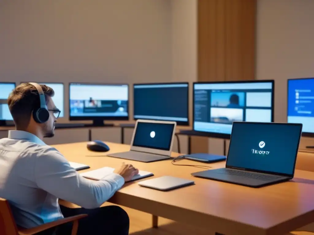 Un tutor en e-learning, rodeado de dispositivos digitales y alumnos remotos, destacando la importancia del tutor en e-learning en Uruguay